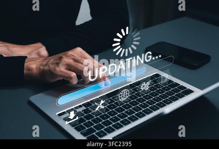 Aggiornare il concetto di tecnologia di aggiornamento delle applicazioni software. Aggiornamento software o sistema operativo, aggiornamento patch, barra di avanzamento aggiornamento, installare patch app, Foto Stock