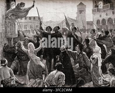 San Bernardo di Chiaravalle (1090-1153) che predica la seconda crociata. Monaco francese. Dal dipinto di James Archer. Foto Stock
