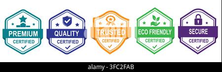 Collezione di cinque distinti badge di certificazione di qualità premium, affidabili, ecologici e sicuri, ciascuno con icone uniche Illustrazione Vettoriale