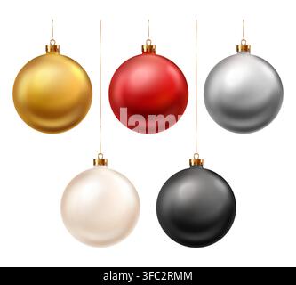 Set di vettori di palline di Natale con palline sospese 3D realistiche in oro, rosso, argento, avorio e nero per il design di poster e biglietti per le festività invernali. Illustrazione Vettoriale