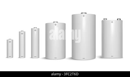 Set realistico di batterie 3D con celle cilindriche e rettangolari in più dimensioni comuni, pile alcaline argentate vuote isolate su sfondo chiaro. Set vettoriale. Illustrazione Vettoriale