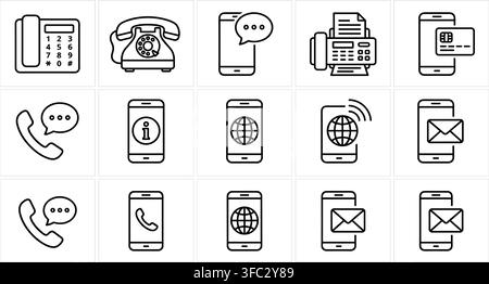 Icone di comunicazione per telecomunicazioni e dispositivi mobili, inclusi telefoni e fax. Illustrazione Vettoriale