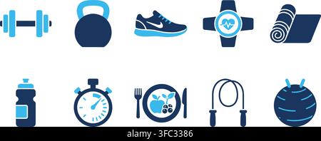 Set di icone per attrezzi da fitness, simboli colorati in blu con pesi, scarpe da ginnastica e articoli di alimentazione sana. Illustrazione Vettoriale