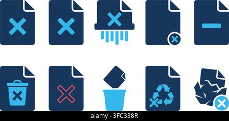 Icone di eliminazione e cestino in blu e ciano che mostrano azioni di rimozione, distruzione, cestino e riciclo. Illustrazione Vettoriale