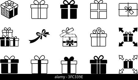 Set di icone per scatola regalo silhouette nera e arte lineare per feste di compleanno, Natale, acquisti per le feste, regalo a sorpresa. Illustrazione Vettoriale