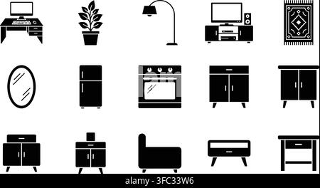 Icone di mobili per la casa e silhouette di interni in colore nero solido che rappresentano elementi di decorazione della stanza. Illustrazione Vettoriale