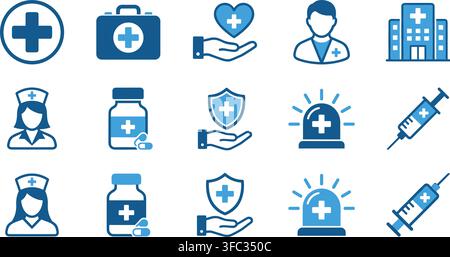 Set di icone di professionisti medici con design piatto blu che mostra attrezzature ospedaliere cliniche e simboli di servizi sanitari. Illustrazione Vettoriale