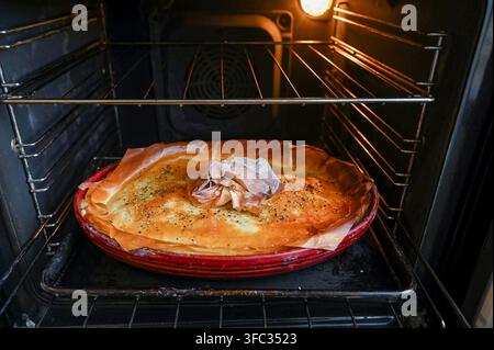 Torta fatta in casa con pollo, porro e funghi con pasta sfoglia  -  : Credit Simon Dack Foto Stock