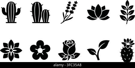 Set di icone a silhouette di natura e piante in nero offre diverse illustrazioni di cactus e fiori per disegni botanici. Illustrazione Vettoriale