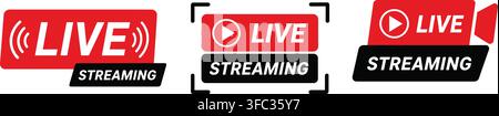 Set di icone rosse per lo streaming in diretta con elementi di onda del segnale e lente della fotocamera per i creatori di contenuti video sui media digitali. Illustrazione Vettoriale