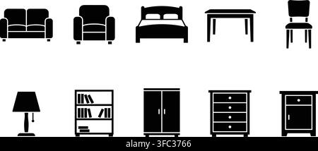 Set di icone di mobili, con divano, poltrona, letto, tavolo e sedia per il design degli interni. Illustrazione Vettoriale