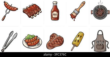 Set di icone colorate di barbecue e cibo grigliato include salsiccia, costine, salsa, spazzola, griglia, pinze, mais, grembiule. Illustrazione Vettoriale