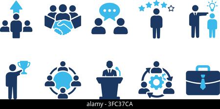 Set di icone professionali per il business e la gestione che includono idee di lavoro di squadra, leadership e strategia aziendale. Illustrazione Vettoriale
