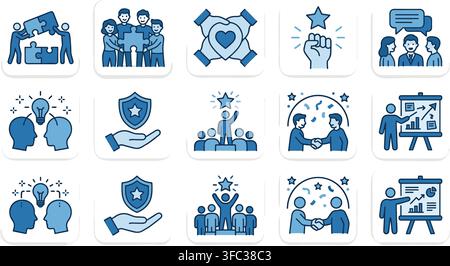 Icone concettuali di collaborazione di lavoro di squadra con mani di puzzle di persone e grafici di crescita aziendale per il successo aziendale. Illustrazione Vettoriale
