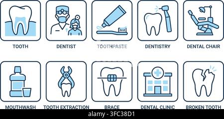 Icone per la cura della salute dentale con simboli di denti e dentisti per cliniche e servizi medici. Illustrazione Vettoriale
