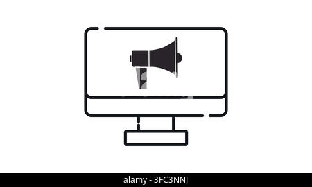 Monitor di computer desktop con simbolo di altoparlante megafono sullo schermo icona vettoriale. Stile arte lineare nero su sfondo bianco. Illustrazione Vettoriale