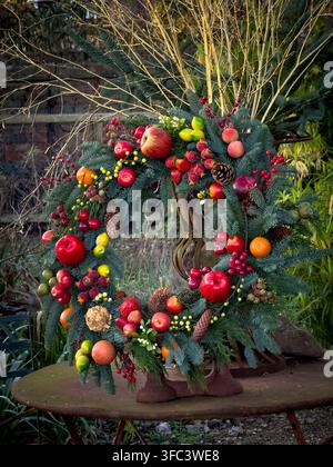 Ghirlanda natalizia decorata con frutta, bacche e pigne nell'area di Heslington e dell'Università di York. Foto Stock