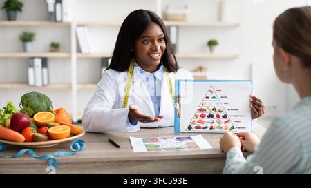 Nutrizionista nera sorridente che spiega un piano alimentare in ufficio. Concetto di assistenza sanitaria Foto Stock