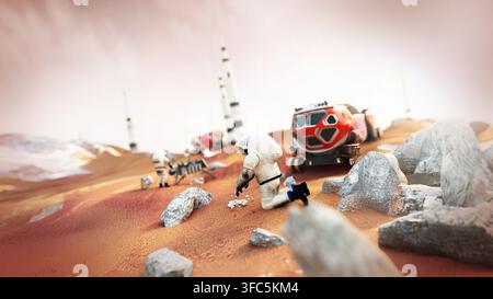 Scena fittizia con veicoli e astronauti che rappresenta una missione su Marte con equipaggio. Illustrazione 3D. - Fotomontaggio Foto Stock