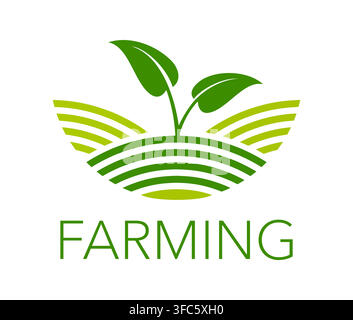 Icona verde di fattoria agricola, pianta agricola su campo rurale. Emblema ambientale con foglie verdi che germogliano da file di campo curve. Crescita agricola, sostenibilità ed etichetta natura rurale Illustrazione Vettoriale