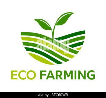 Simbolo di agricoltura ecologica con campi verdi e giovane germoglio di pianta. Icona moderna astratta con onde lineari per aziende agricole, confezioni di prodotti ecocompatibili e negozi di generi alimentari sostenibili Illustrazione Vettoriale