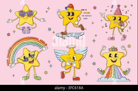 Personaggi a forma di stella groovy in cartoon con facce carine e felici, pose giocose, arcobaleno, ali d'angelo, elementi di festa e skateboard. Vettore retrò Y2K fantasia hippie con personaggi stellari, fiori, segni di pace Illustrazione Vettoriale