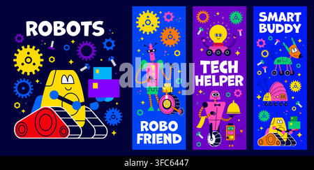 Banner per l'educazione e i giochi per bambini con simpatici droidi robot. Animale robot AI carino retrò in cartone animato, robot umanoide, assistente virtuale e personaggi giocattolo cyborg, banniere di droidi di intelligenza artificiale amichevoli Illustrazione Vettoriale