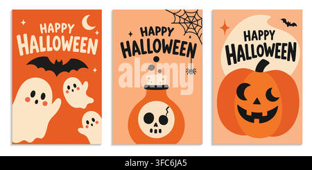 Set di graziosi modelli di biglietti di auguri retrò per Halloween con fantasmi, bottiglia di pozione velenosa e illustrazione di zucca sorridente. Illustrazione Vettoriale