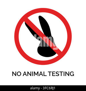Nessun test sugli animali. Coniglio incrociato. Silhouette nera della testa di una lepre. Cerchio rosso incrociato. Adesivo non testato sugli animali su sfondo bianco Illustrazione Vettoriale