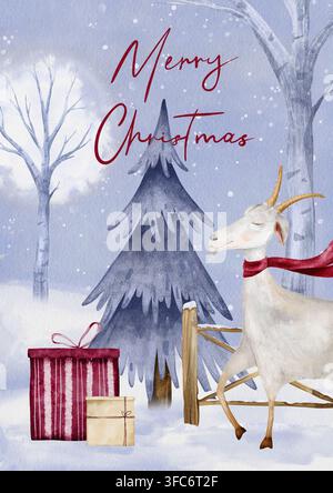 Biglietto di auguri acquerellato con capra decorata con ornamenti rossi e scatole regalo in un paesaggio innevato. Illustrazione disegnata a mano in stile natalizio stilizzato Foto Stock