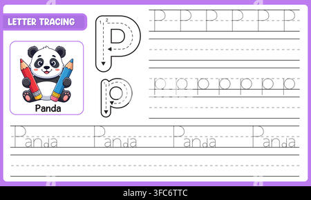 Foglio di lavoro per il tracciamento di lettere vettoriali per bambini Imparare l'alfabeto P Panda con pratica guidata dei tratti Illustrazione Vettoriale