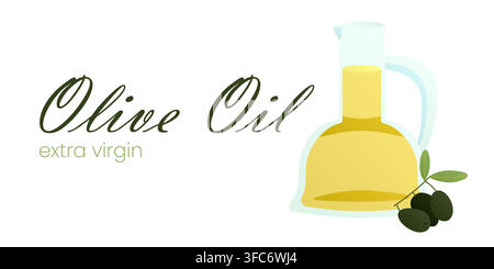 Olio d'oliva in una brocca di vetro. Il frutto delle olive nere. Contenitore o bottiglia contenente liquido. Condimento per insalata. Testo. Gradienti di colore. Oggetto isolato. V Illustrazione Vettoriale
