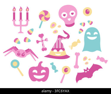 Set di oggetti rosa per Halloween. Vacanza spaventosa in stile Barbie. Ragno e pipistrello carini. Cappello da strega sorridente, zucche e fantasma. Teschio innamorato. Dolci - lattina Illustrazione Vettoriale