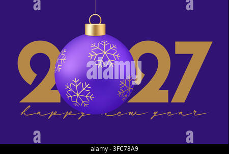 Design elegante per la celebrazione del Capodanno 2027 con un festoso ornamento natalizio viola e fiocchi di neve dorati per un augurio gioioso.. Illustrazione Vettoriale