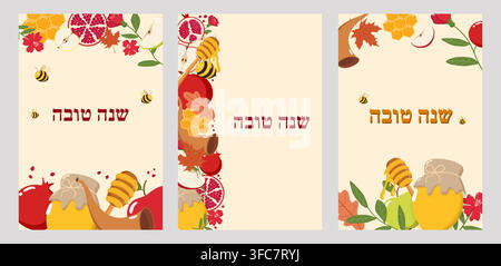 Tre biglietti di auguri Rosh Hashanah con testo ebraico Shanah Tovah, decorati con mele, melagrane, miele, api, shofar, Illustrazione Vettoriale