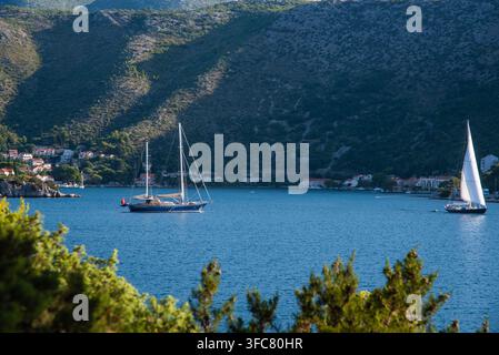 Barche a vela che navigano nella baia del mare Adriatico nel villaggio di Zaton, Croazia. Foto Stock