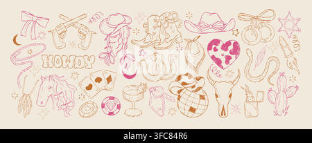 Disegno a mano di icone western da cowgirl con matite colorate, stivali da cowboy, cappello, revolver, cactus, serpente, elementi di festa femminili. Simboli retrò stravaganti per addio al nubilato. Palla da discoteca a matita di gesso, carte da gioco Illustrazione Vettoriale