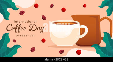 Banner paesaggistico della Giornata internazionale del caffè con tazza e chicchi di caffè Illustrazione Vettoriale