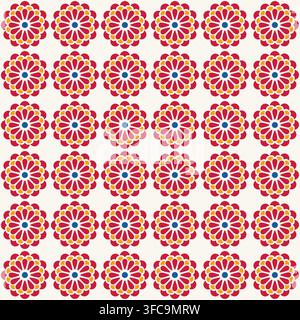 Griglia floreale senza cuciture con petali rossi, contorni gialli e centri blu che creano una vivida simmetria. Foto Stock
