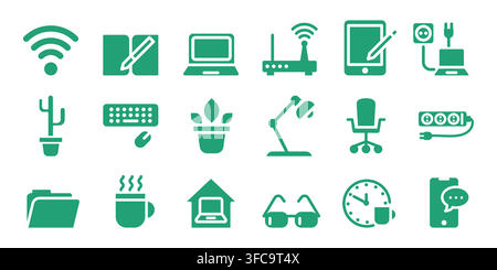 Collezione di icone di lavoro da remoto su sfondo bianco. Illustrazione vettoriale di simboli di ufficio domestico, wi-fi, laptop, sedia, lampada, tablet, smartphone, cartella, tazza di caffè e simboli di orologio per interfaccia web Illustrazione Vettoriale