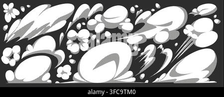 Nuvole di fumo o polvere bianche in stile cartoon per fumetto con effetti di velocità isolate su sfondo nero. Forme di esplosione vettoriali per anime, giochi, design grafico con tracce di movimento dinamiche Illustrazione Vettoriale