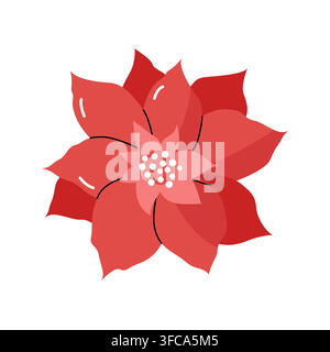 Fiore di poinsettia rosso stella di Natale isolato su sfondo bianco piatto Illustrazione Vettoriale