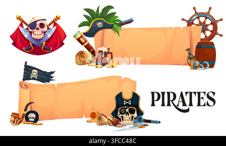 Vecchie bandiere di pirati e corsari in carta con teschi, bandiera nera e tricorni. Set di bandiere in pergamena vintage cartone animato con mappa del tesoro dei pirati, bussola, uncino e bottiglia di rum, ruota della nave, cannocchiale Illustrazione Vettoriale