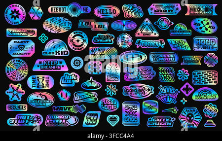 Adesivi ologramma Y2K e patch per etichette di forme estetica retrò vettoriale. Adesivi ologramma in metallo argentato iridescente con globi, stelle, cuori e fulmini estetici Y2K, emoji groovy e slogan Illustrazione Vettoriale