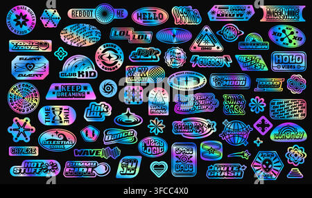 Adesivi ologramma Y2K e patch per etichette di forme estetica retrò vettoriale. Adesivi ologramma in metallo argentato iridescente con globi, stelle, cuori e fulmini estetici Y2K, emoji groovy e slogan Illustrazione Vettoriale