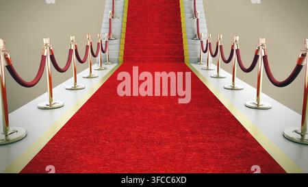 Tappeto rosso e cordoni di velluto che portano a una scala. Illustrazione 3D. - Fotomontaggio Foto Stock
