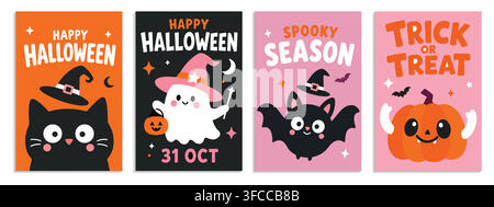 Set di simpatici biglietti di auguri per Halloween con illustrazioni in stile cartoon di gatto nero, fantasma, pipistrello e zucca. Illustrazione Vettoriale