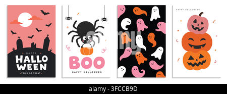 Simpatico set di biglietti di auguri per Halloween con zucche, ragni, fantasmi, silhouette di cimitero e pipistrelli per inviti a feste. Illustrazione Vettoriale