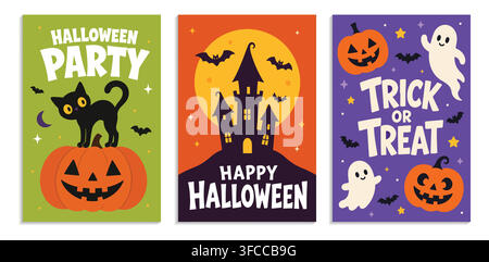 Simpatico set di biglietti di auguri per feste di Halloween con casa stregata spettrale, gatto nero, zucche intagliate e fantasmi. Illustrazione Vettoriale