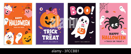 Simpatico set di biglietti di auguri per Halloween con fantasma, ragno, mostro e zucca in cartone animato per inviti di dolcetto o scherzetto. Illustrazione Vettoriale